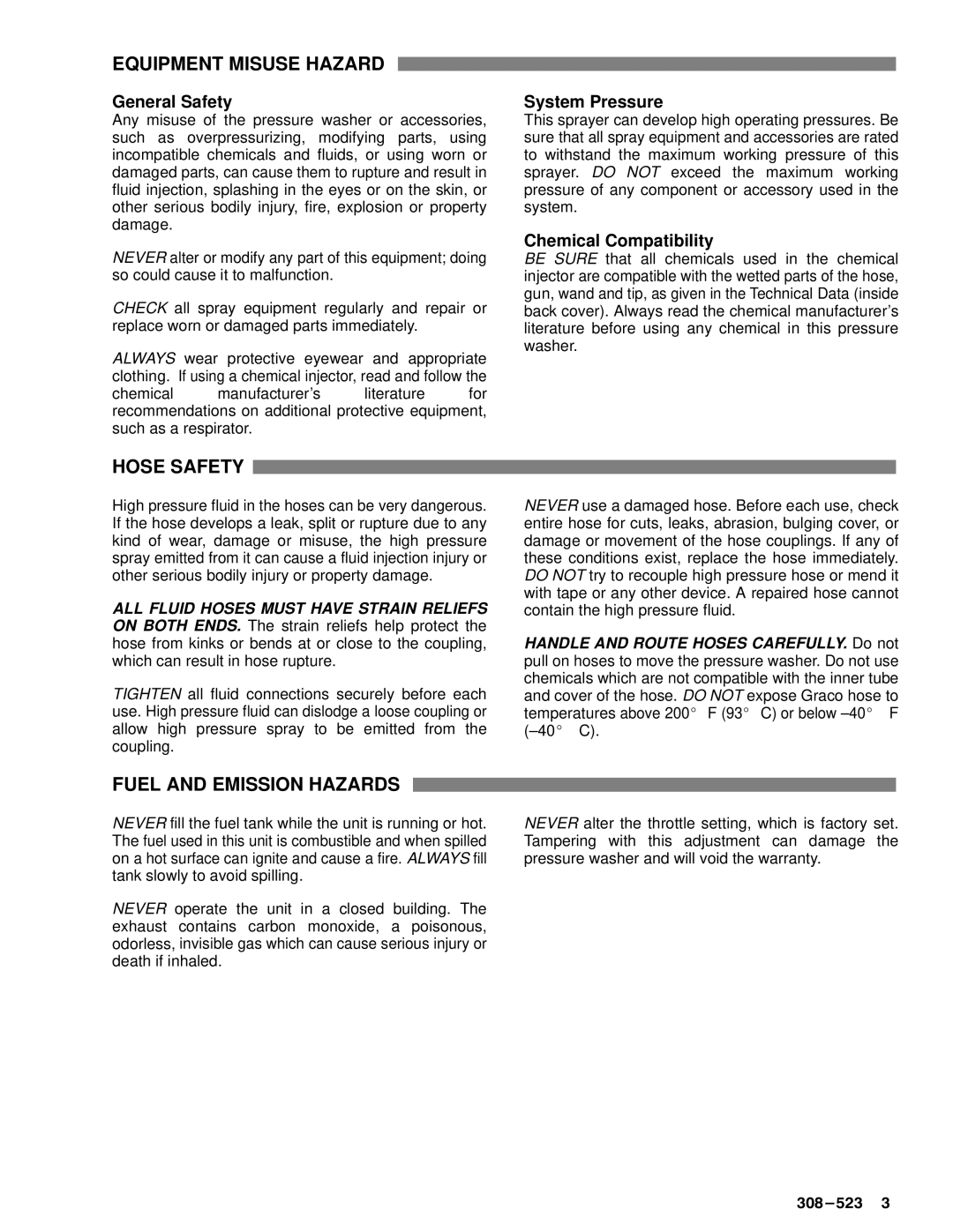 Graco Inc 800-671 Equipment Misuse Hazard, Hose Safety, Fuel and Emission Hazards, System Pressure, Chemical Compatibility 