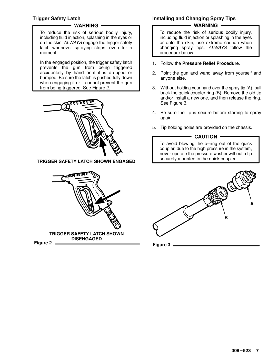 Graco Inc 800-674, 308-523, 800-672, 800-671, 800-670 manual Trigger Safety Latch, Installing and Changing Spray Tips 