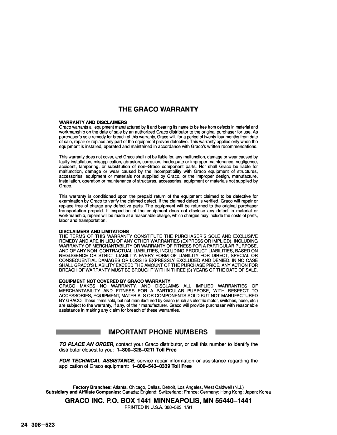 Graco Inc 800-670 manual The Graco Warranty, Important Phone Numbers, Warranty And Disclaimers, Disclaimers And Limitations 