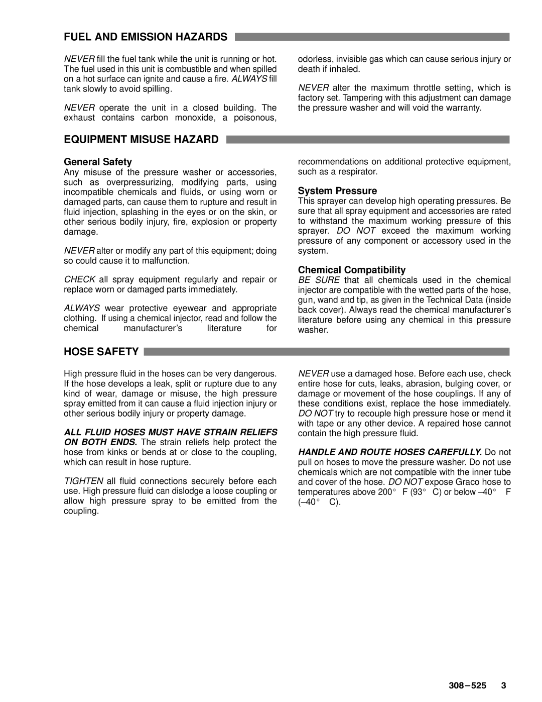 Graco Inc 800-637 Fuel and Emission Hazards, Equipment Misuse Hazard, Hose Safety, System Pressure, Chemical Compatibility 