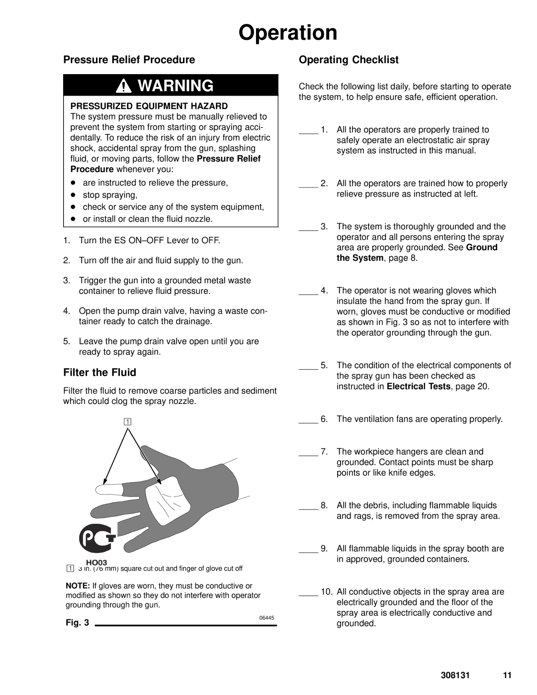 Graco Inc PRO 4500sc, 308131, 224400 Operation, Pressure Relief Procedure, Filter the Fluid, Operating Checklist, System 