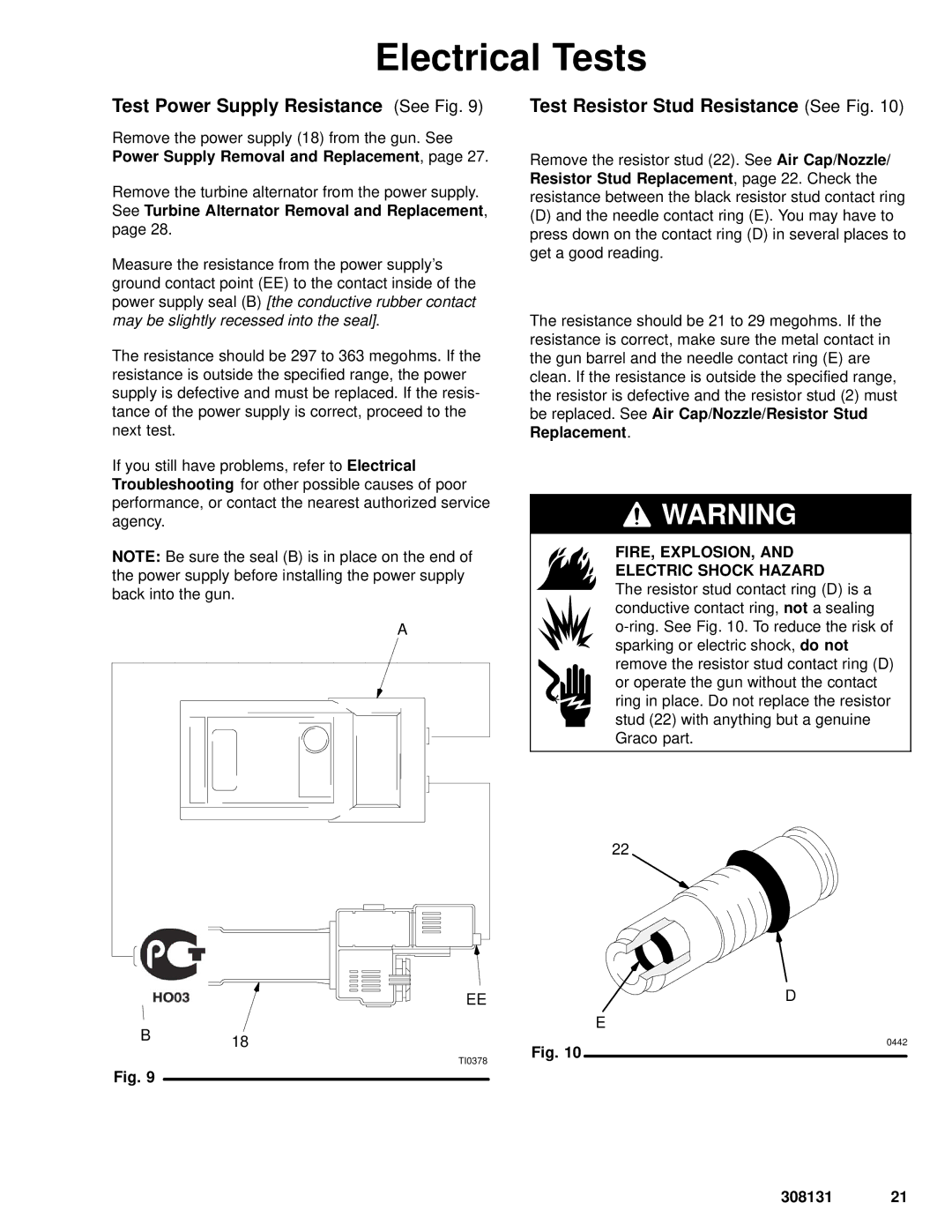 Graco Inc 224400, 308131, 224200, PRO 4500sc Test Power Supply Resistance See Fig, Test Resistor Stud Resistance See Fig 