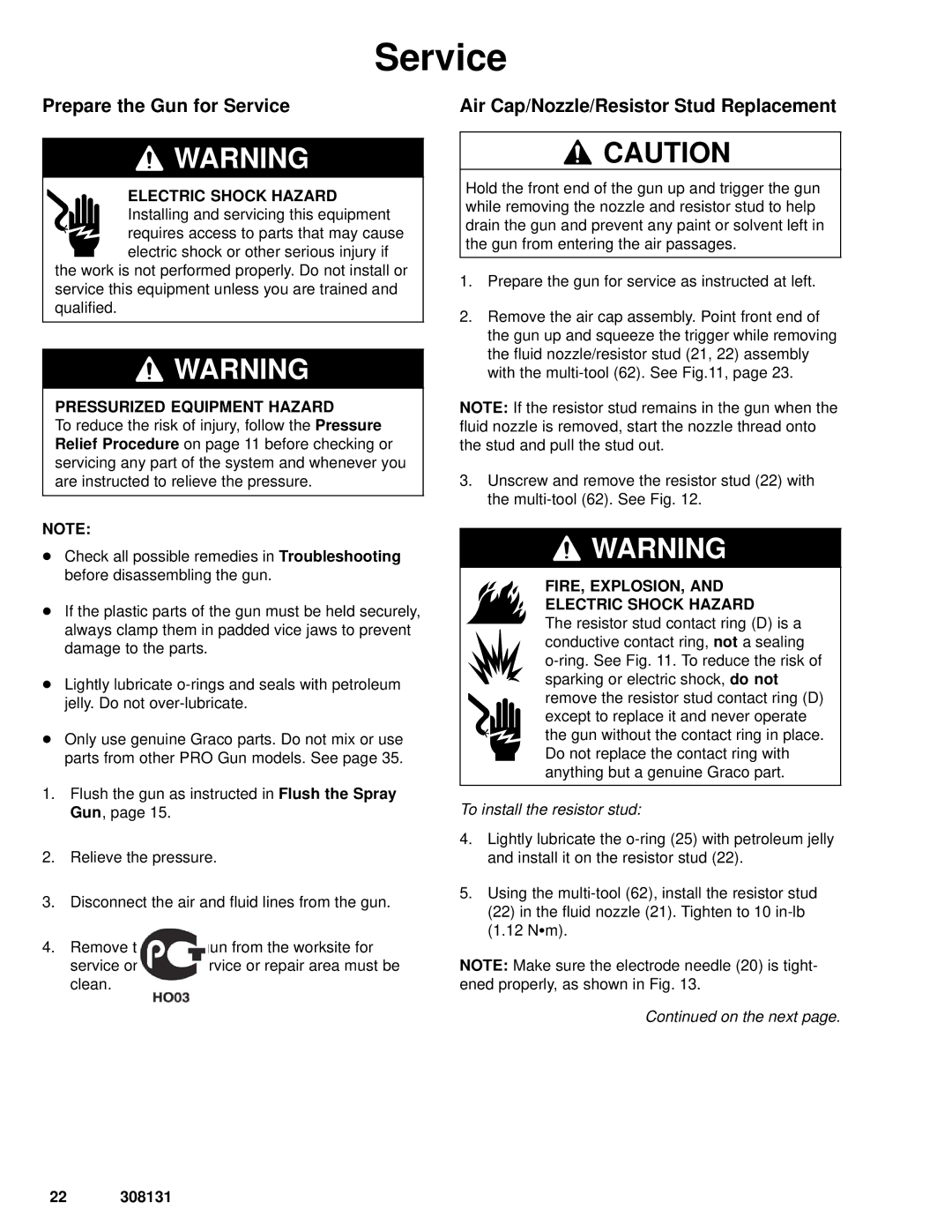 Graco Inc 224200, 308131, 224400, PRO 4500sc manual Prepare the Gun for Service, Air Cap/Nozzle/Resistor Stud Replacement 