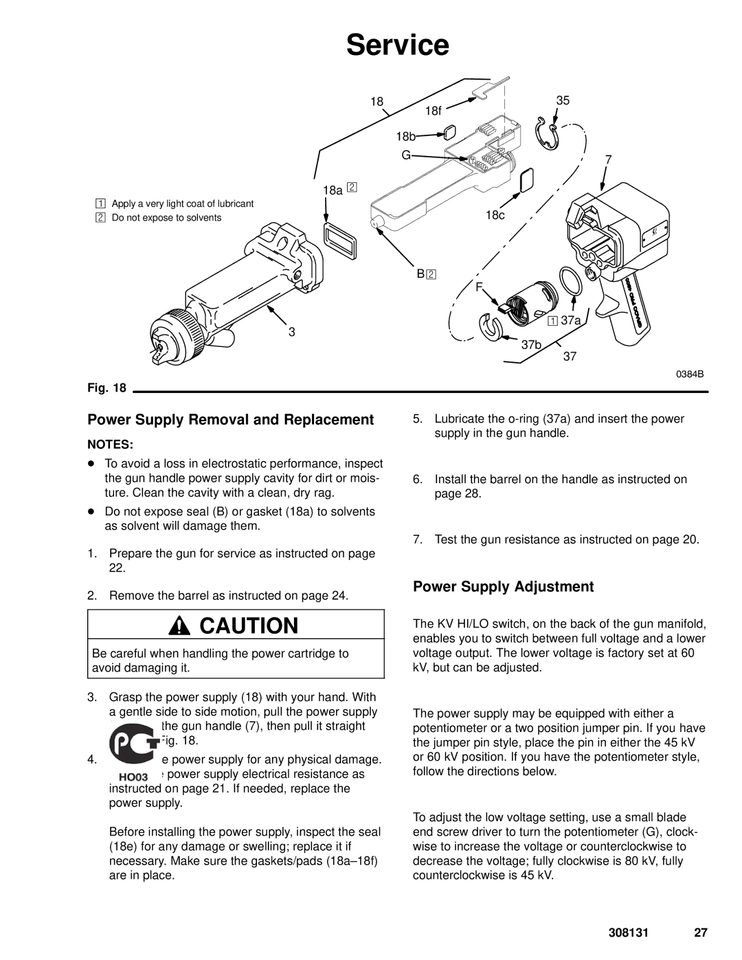 Graco Inc PRO 4500sc, 308131, 224400, 224200 manual Power Supply Removal and Replacement, Power Supply Adjustment 