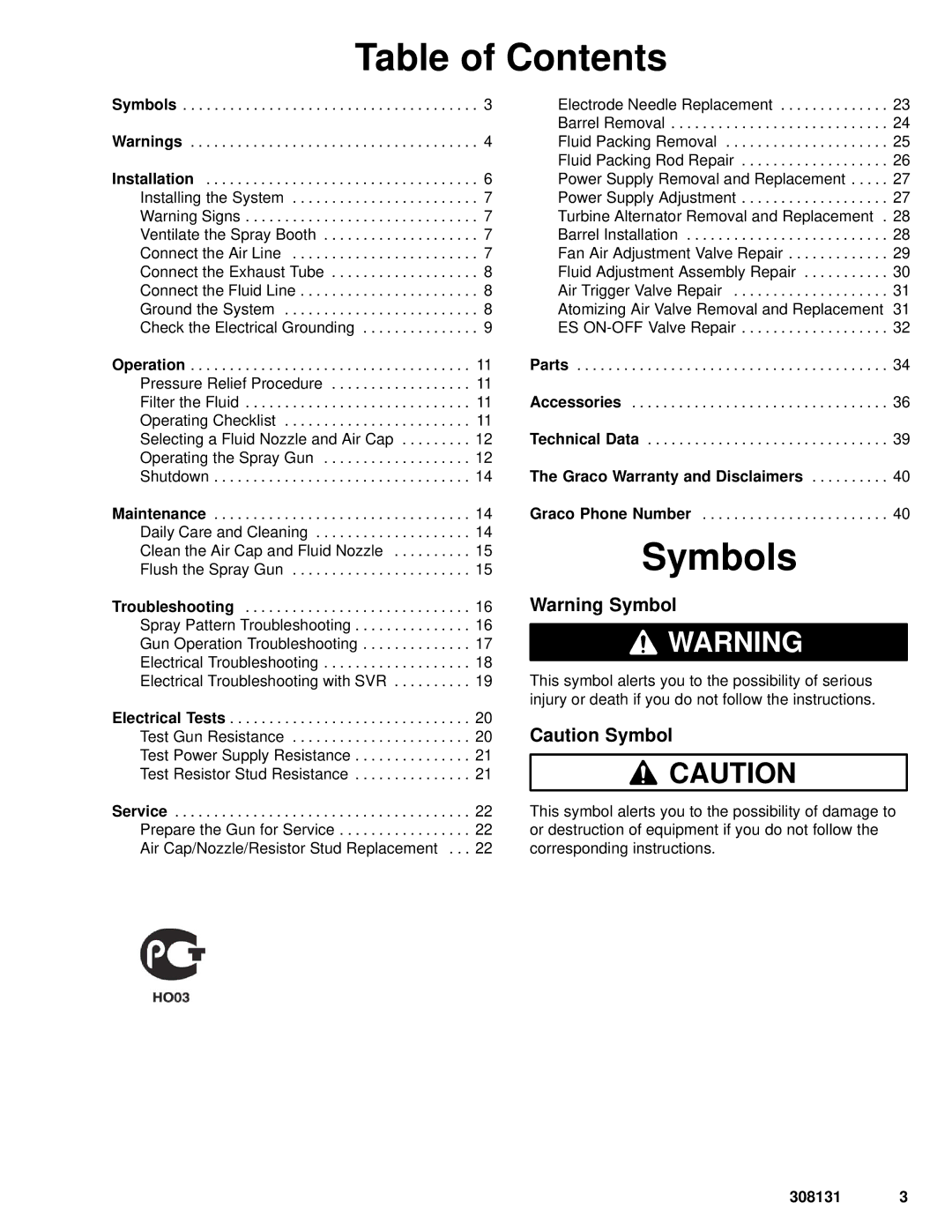 Graco Inc PRO 4500sc, 308131, 224400, 224200 manual Table of Contents, Symbols 