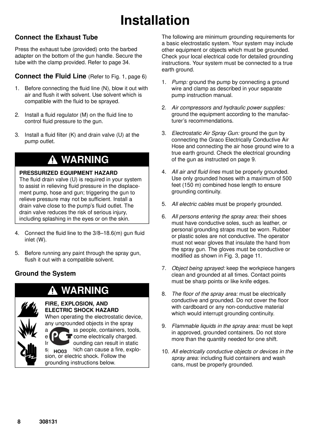 Graco Inc 308131, 224400, 224200 manual Connect the Exhaust Tube, Ground the System, FIRE, EXPLOSION, Electric Shock Hazard 