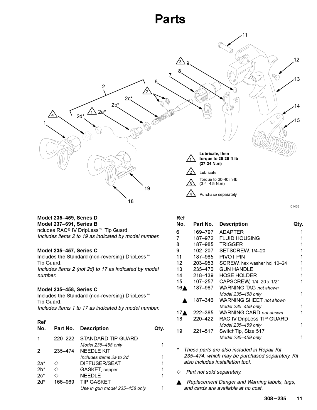 Graco Inc 235459, 308235, 237691 manual Parts, Model 235-457, Series C 