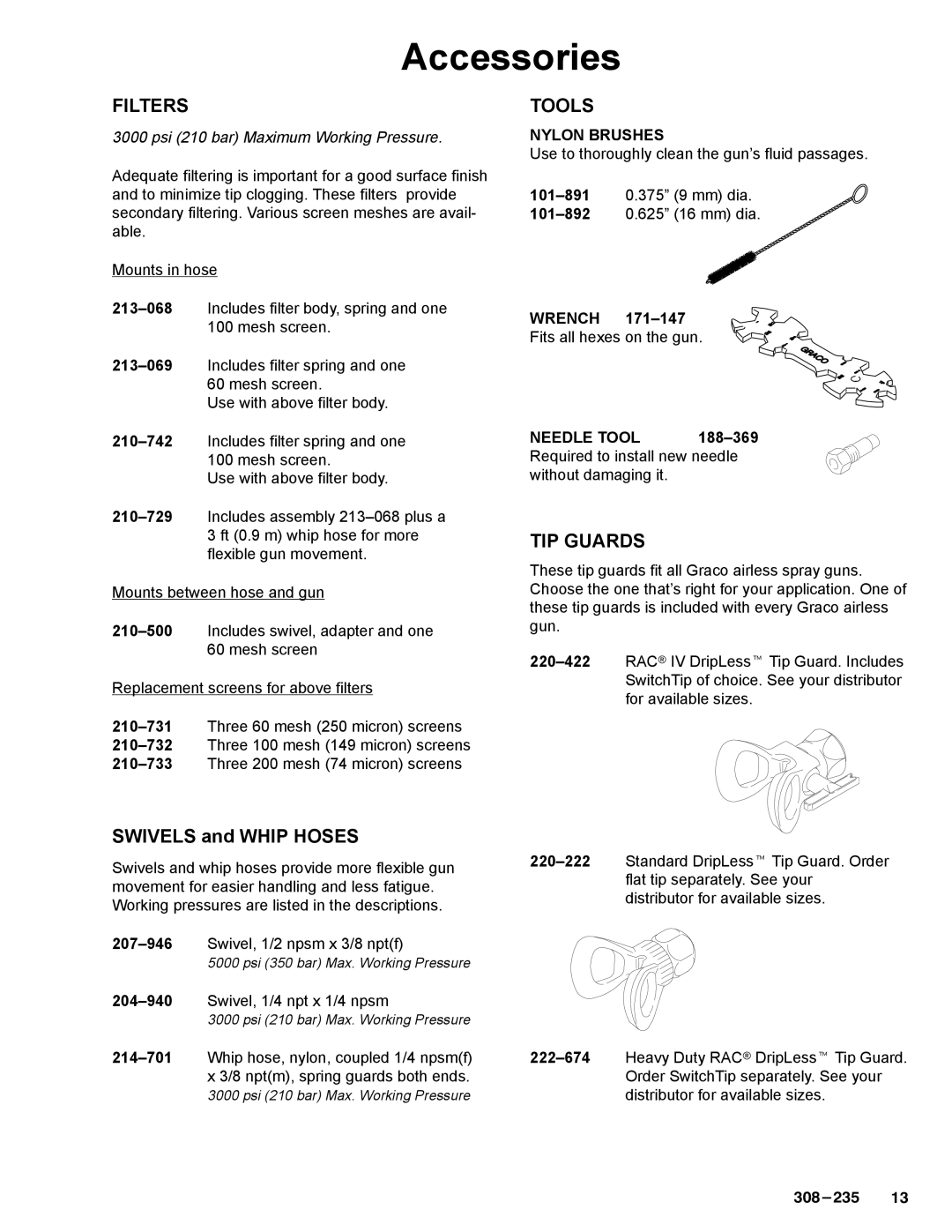 Graco Inc 237691, 308235, 235459 manual Accessories, Filters, Swivels and Whip Hoses, Tools, TIP Guards 