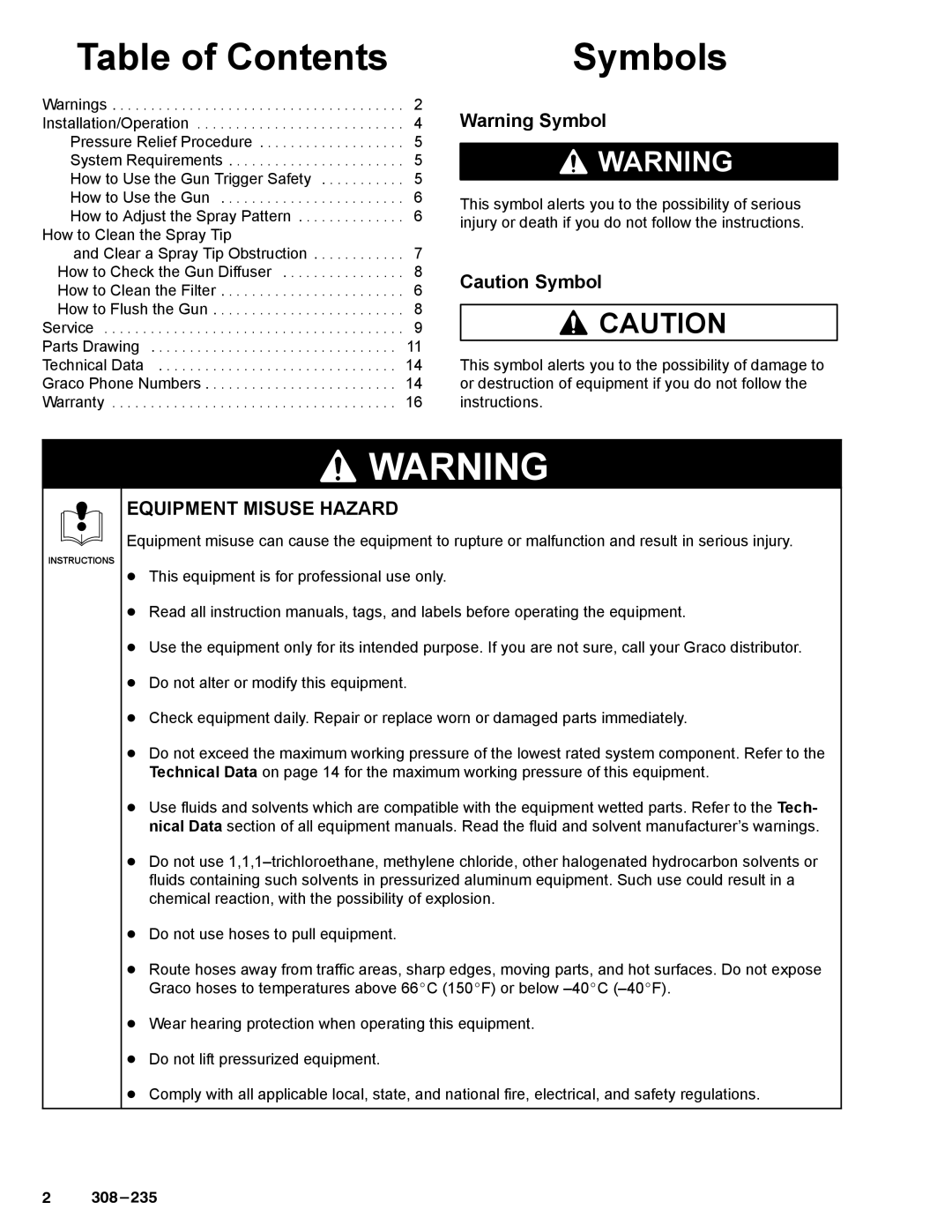 Graco Inc 235459, 308235, 237691 manual Table of Contents, Symbols 