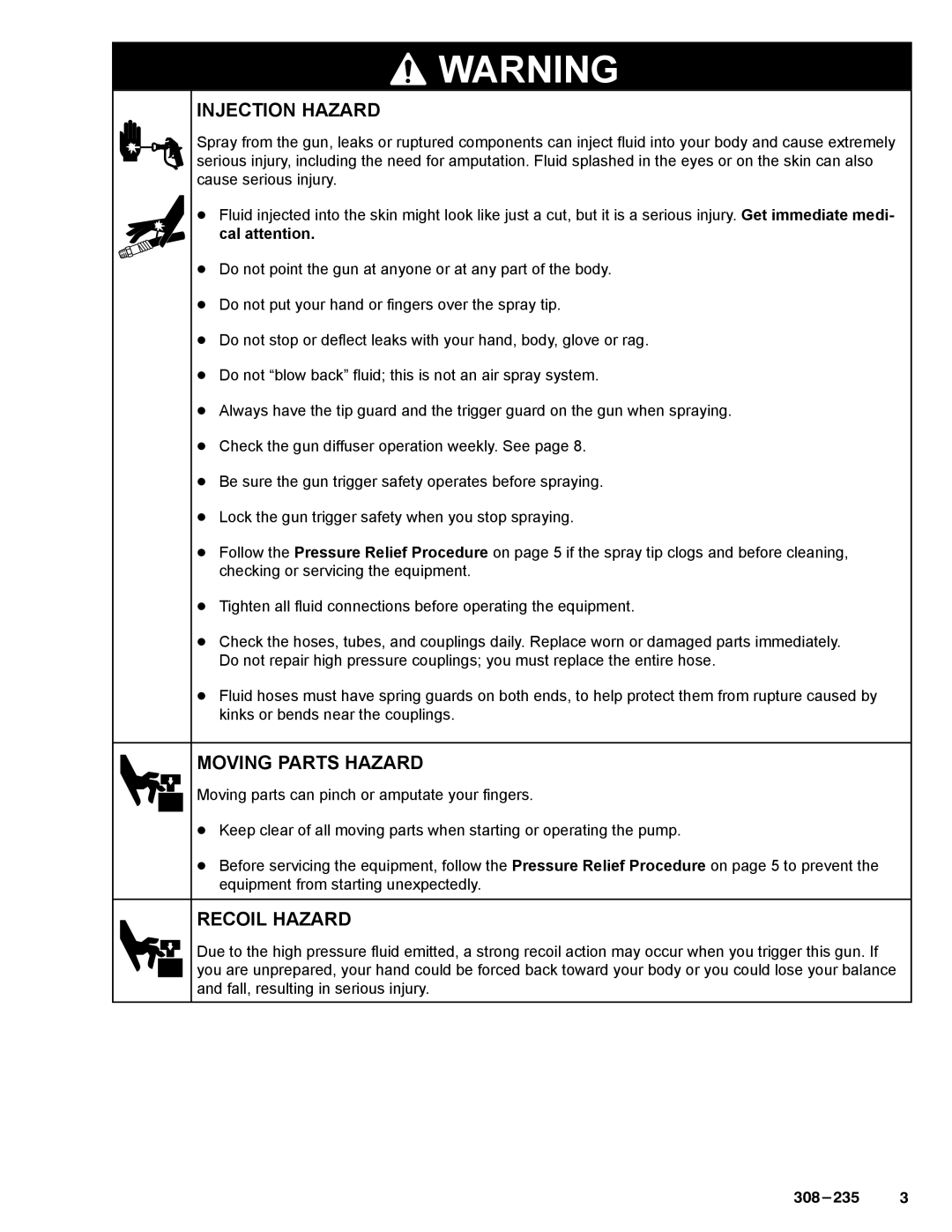 Graco Inc 308235, 237691, 235459 manual Injection Hazard, Moving Parts Hazard, Recoil Hazard 