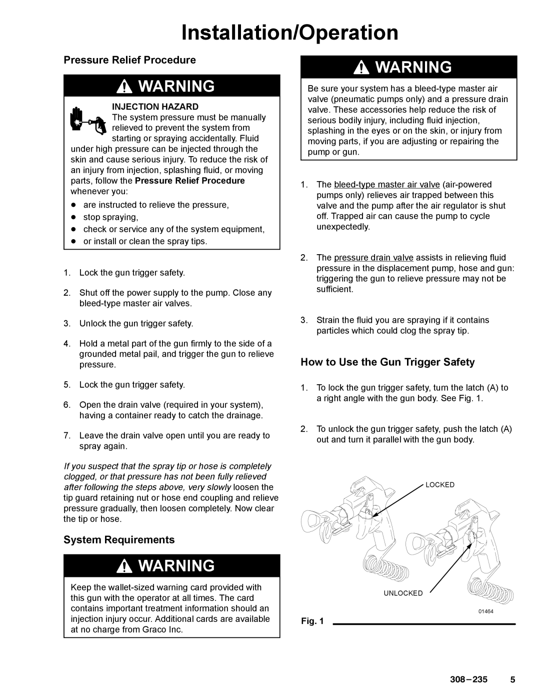 Graco Inc 235459 Installation/Operation, Pressure Relief Procedure, System Requirements, How to Use the Gun Trigger Safety 