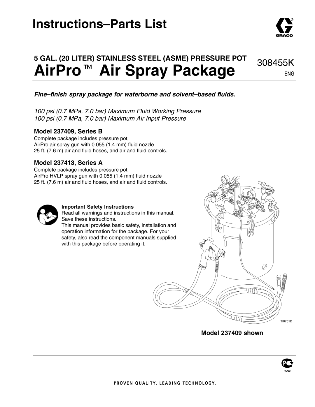 Graco Inc important safety instructions Instructions-Parts List, Model 237409, Series B, Model 237413, Series a 