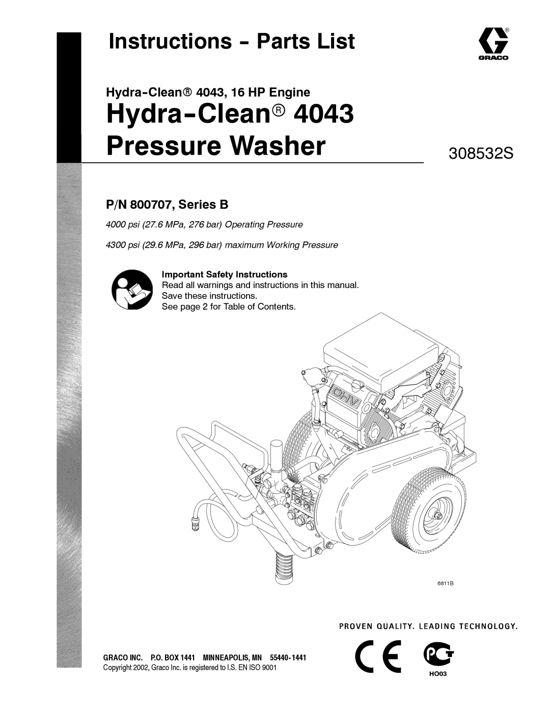 Graco Inc 4043, 308532S important safety instructions Instructions -- Parts List, Important Safety Instructions 