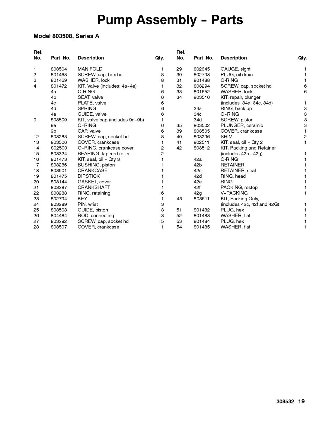 Graco Inc 4043, 308532S Manifold, Ring, Shim, Retainer, Crankcase, Dipstick, Crankshaft, Packing, Key 