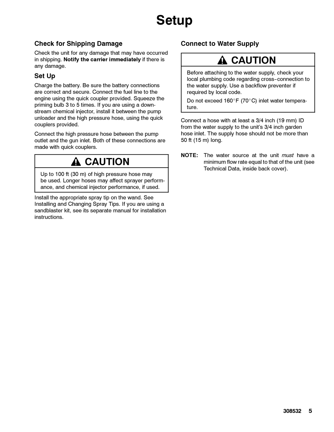 Graco Inc 4043, 308532S important safety instructions Setup, Check for Shipping Damage, Set Up, Connect to Water Supply 