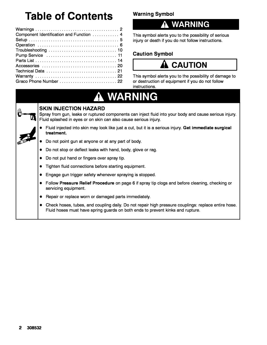 Graco Inc 308532S, 4043 Table of Contents, Warning Symbol, Caution Symbol, Skin Injection Hazard 