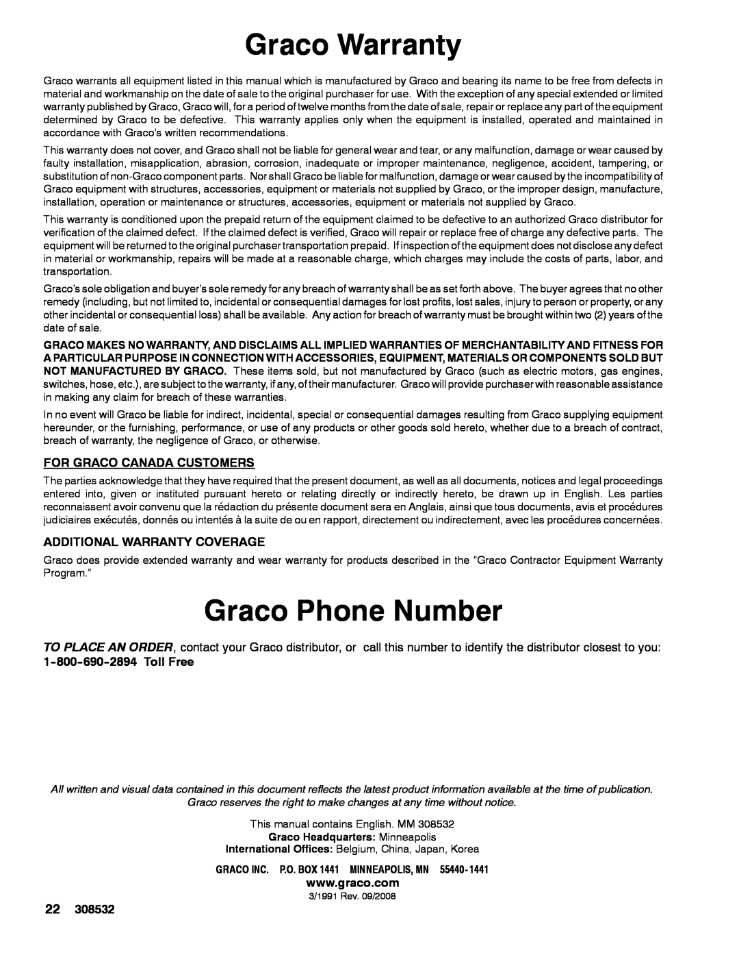 Graco Inc 308532S Graco Warranty, Graco Phone Number, Graco reserves the right to make changes at any time without notice 