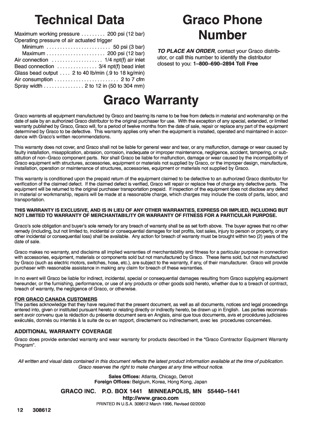 Graco Inc 308612, 238338 manual Technical Data, Graco Phone Number, Graco Warranty, Additional Warranty Coverage 