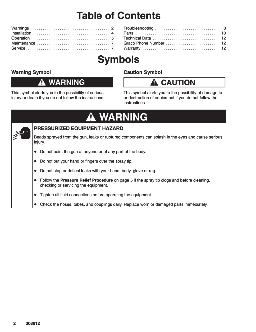 Graco Inc 308612, 238338 manual Table of Contents, Symbols, Warning Symbol, Caution Symbol, Pressurized Equipment Hazard 