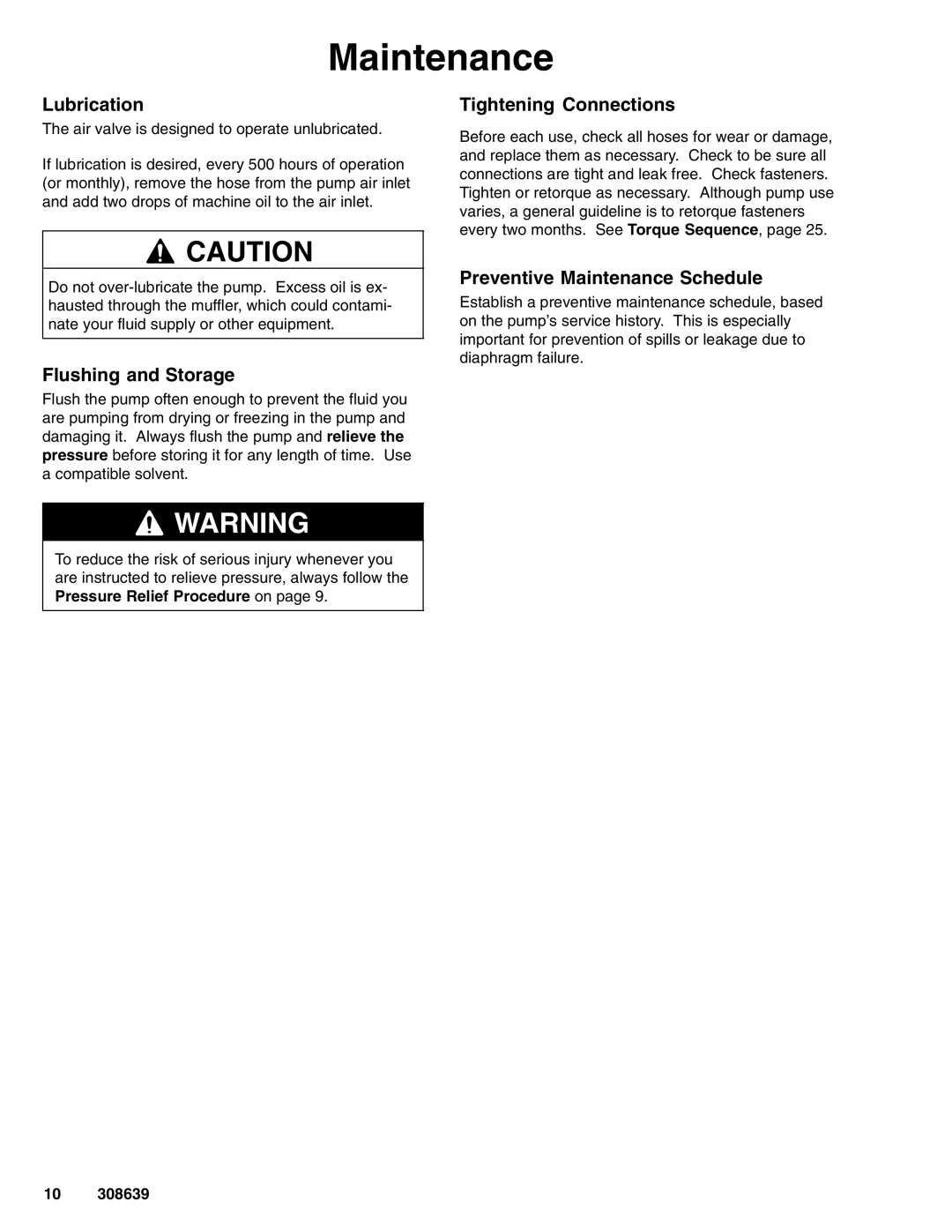 Graco Inc 308639L Lubrication, Flushing and Storage, Tightening Connections, Preventive Maintenance Schedule 