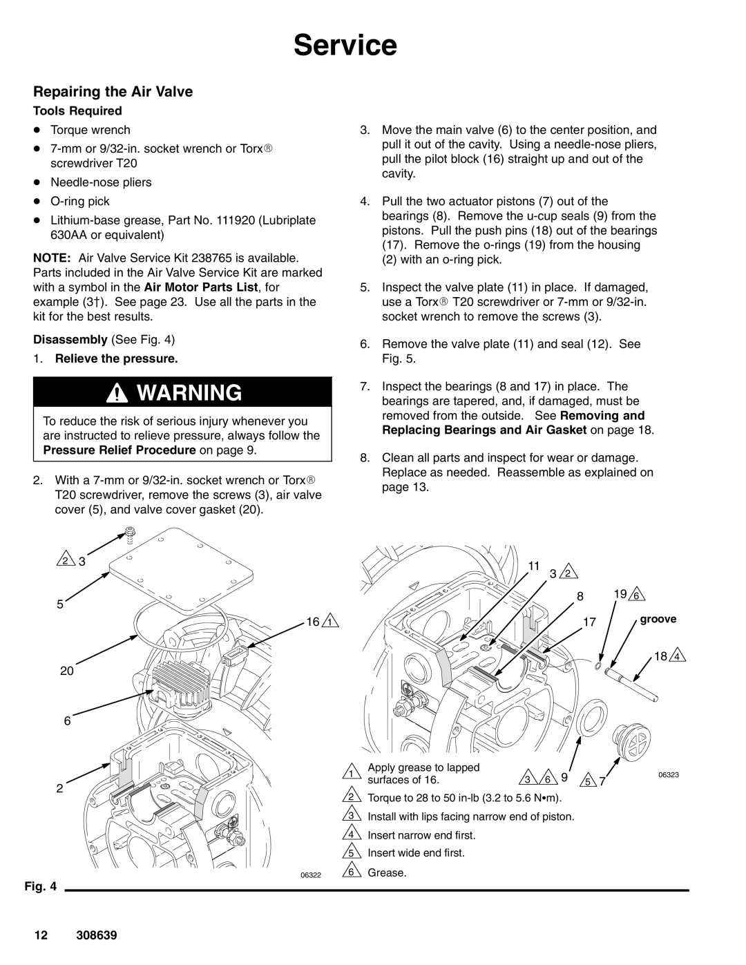 Graco Inc 308639L Service, Repairing the Air Valve, Tools Required, Disassembly See Fig Relieve the pressure, Groove 