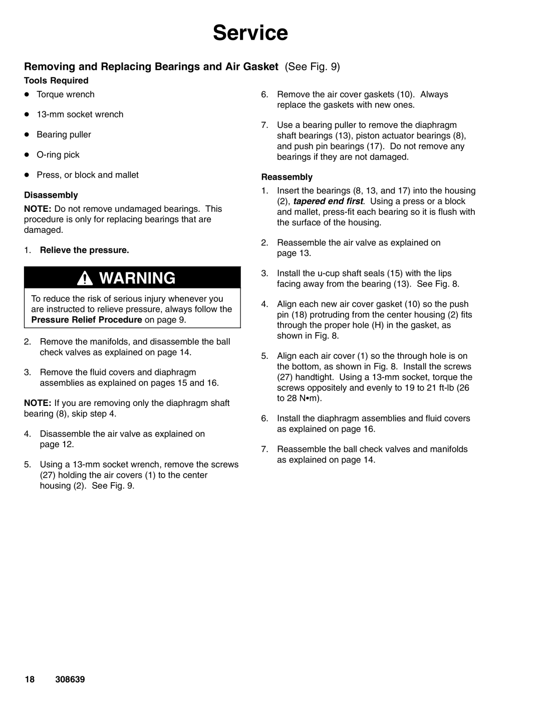 Graco Inc 308639L important safety instructions Removing and Replacing Bearings and Air Gasket See Fig, Tools Required 