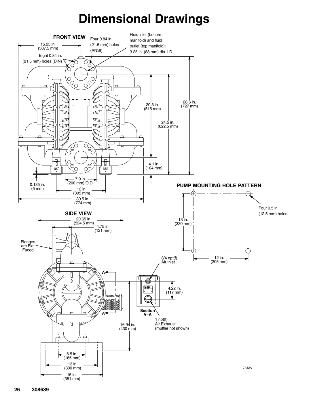 Graco Inc 308639L important safety instructions Dimensional Drawings, Front View, Pump Mounting Hole Pattern, Side View 