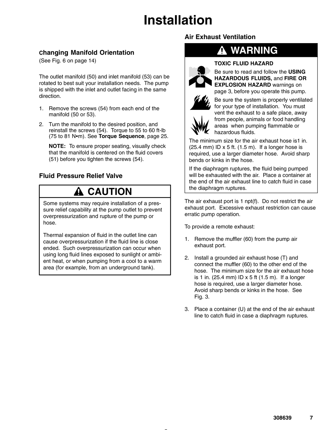 Graco Inc 308639L Changing Manifold Orientation, Fluid Pressure Relief Valve, Air Exhaust Ventilation, Toxic Fluid Hazard 