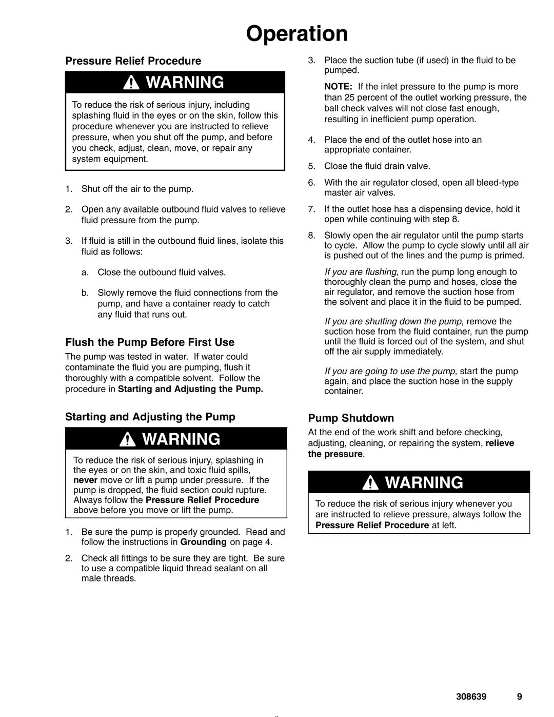 Graco Inc 308639L Operation, Pressure Relief Procedure, Flush the Pump Before First Use, Starting and Adjusting the Pump 