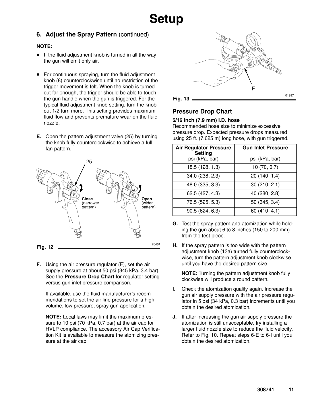 Graco Inc 308741N dimensions Pressure Drop Chart, Inch 7.9 mm I.D. hose, Air Regulator Pressure Gun Inlet Pressure Setting 