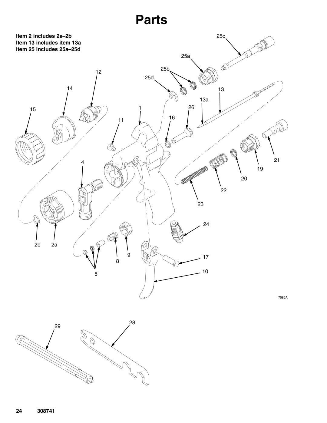 Graco Inc 308741N dimensions Parts, Item 2 includes 2a-2b, Item 13 includes item 13a Item 25 includes 25a-25d 