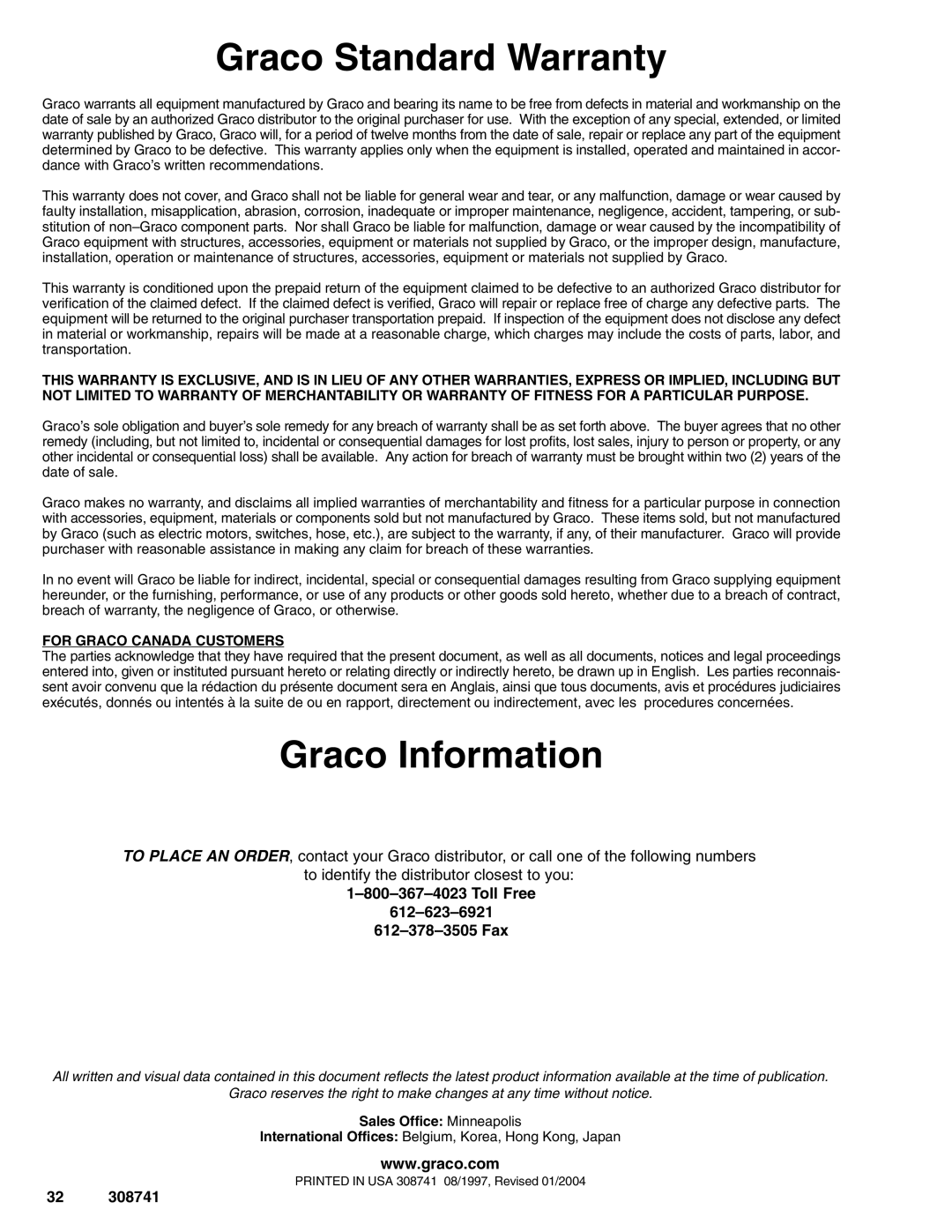 Graco Inc 308741N dimensions Graco Standard Warranty, Graco Information, Toll Free 