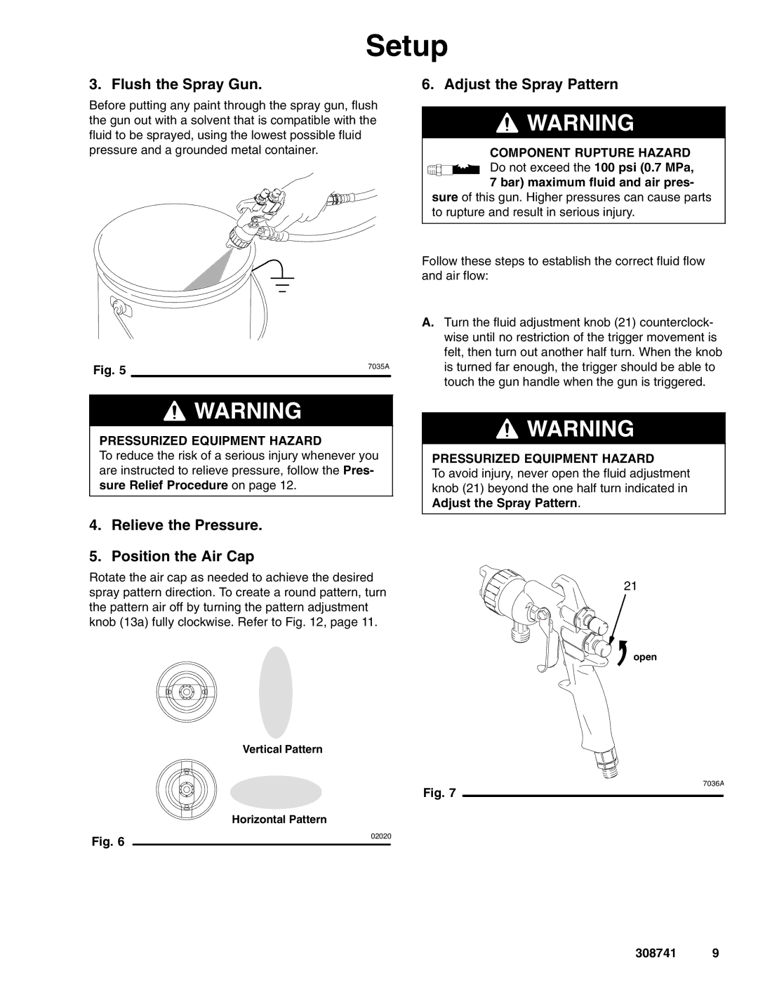 Graco Inc 308741N dimensions Flush the Spray Gun, Relieve the Pressure Position the Air Cap, Adjust the Spray Pattern 