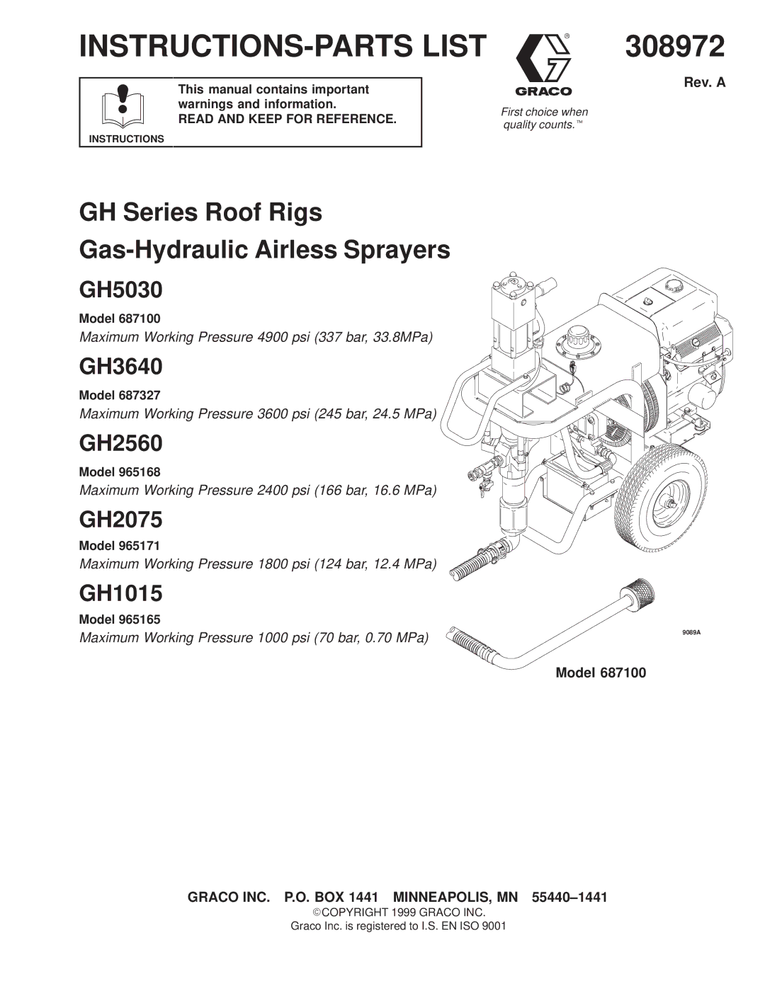 Graco Inc 308972 manual This manual contains important warnings and information, Read and Keep for Reference, Model 