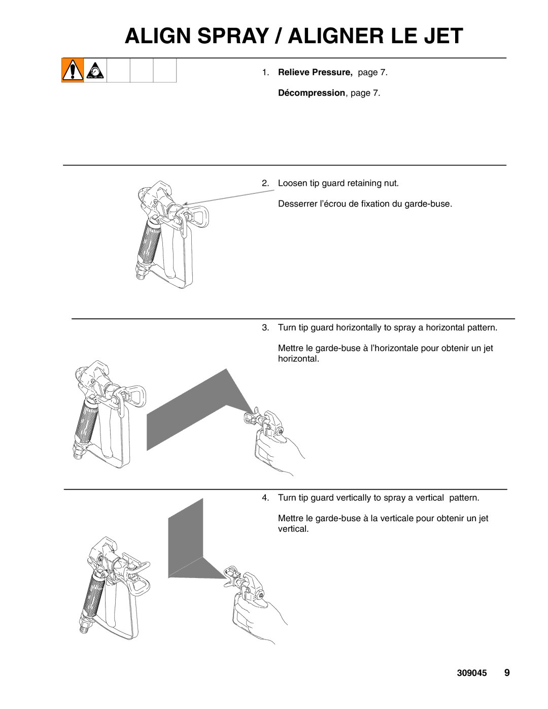 Graco Inc 309045K important safety instructions Align Spray / Aligner LE JET, Relieve Pressure, page 7. Décompression 