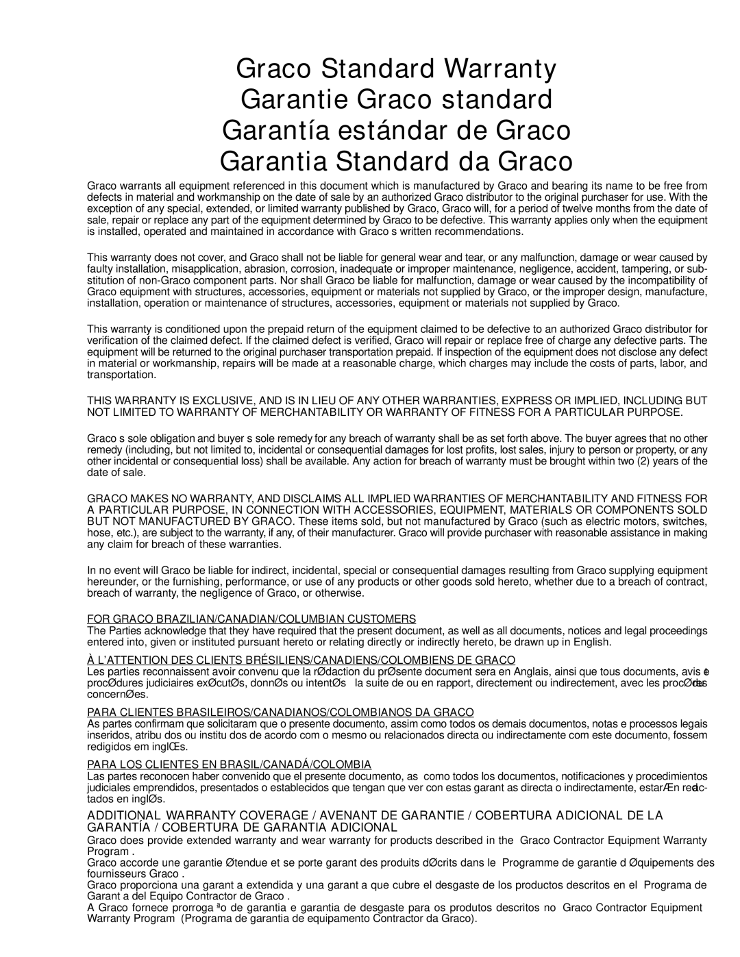 Graco Inc 309061 manual For Graco BRAZILIAN/CANADIAN/COLUMBIAN Customers 