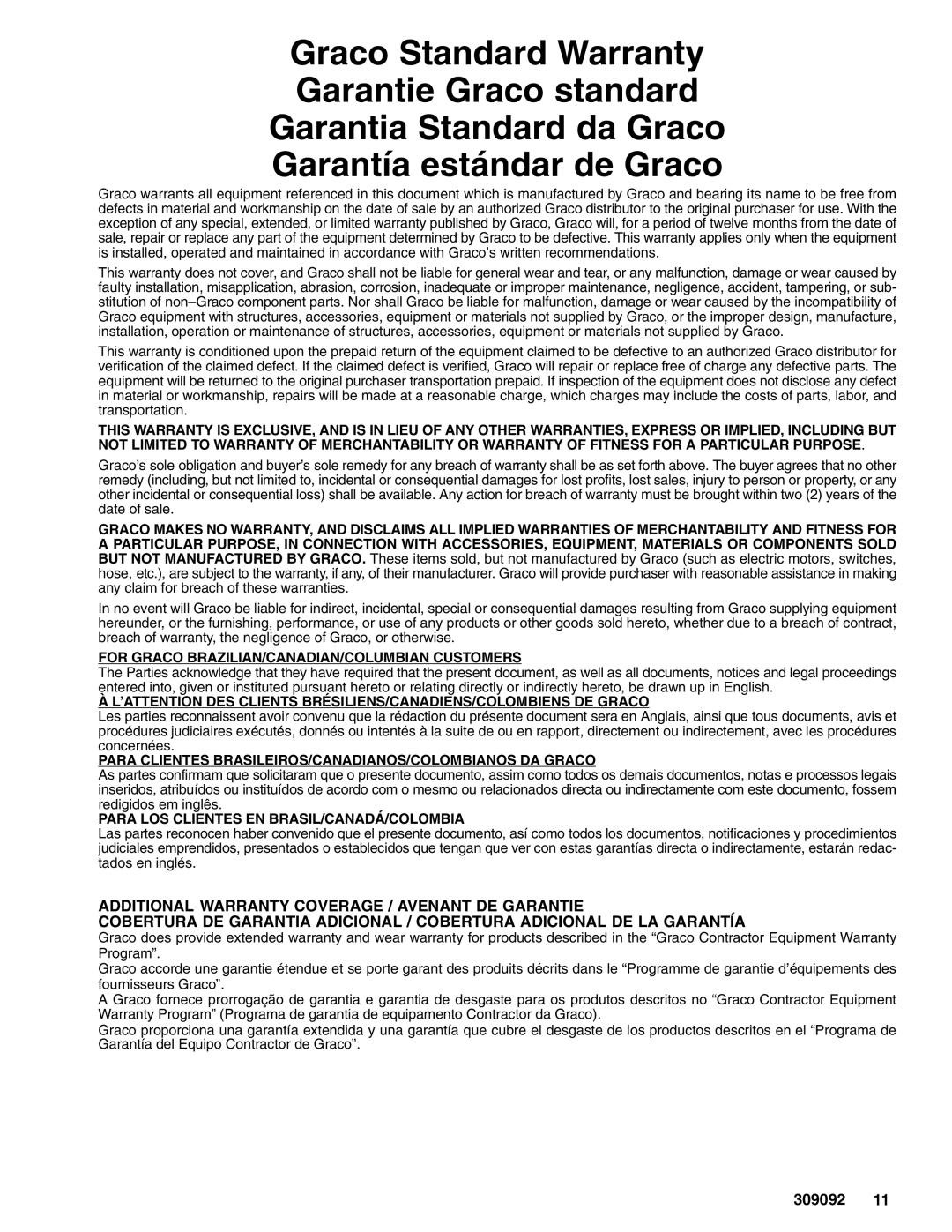 Graco Inc 309092F manual For Graco BRAZILIAN/CANADIAN/COLUMBIAN Customers 