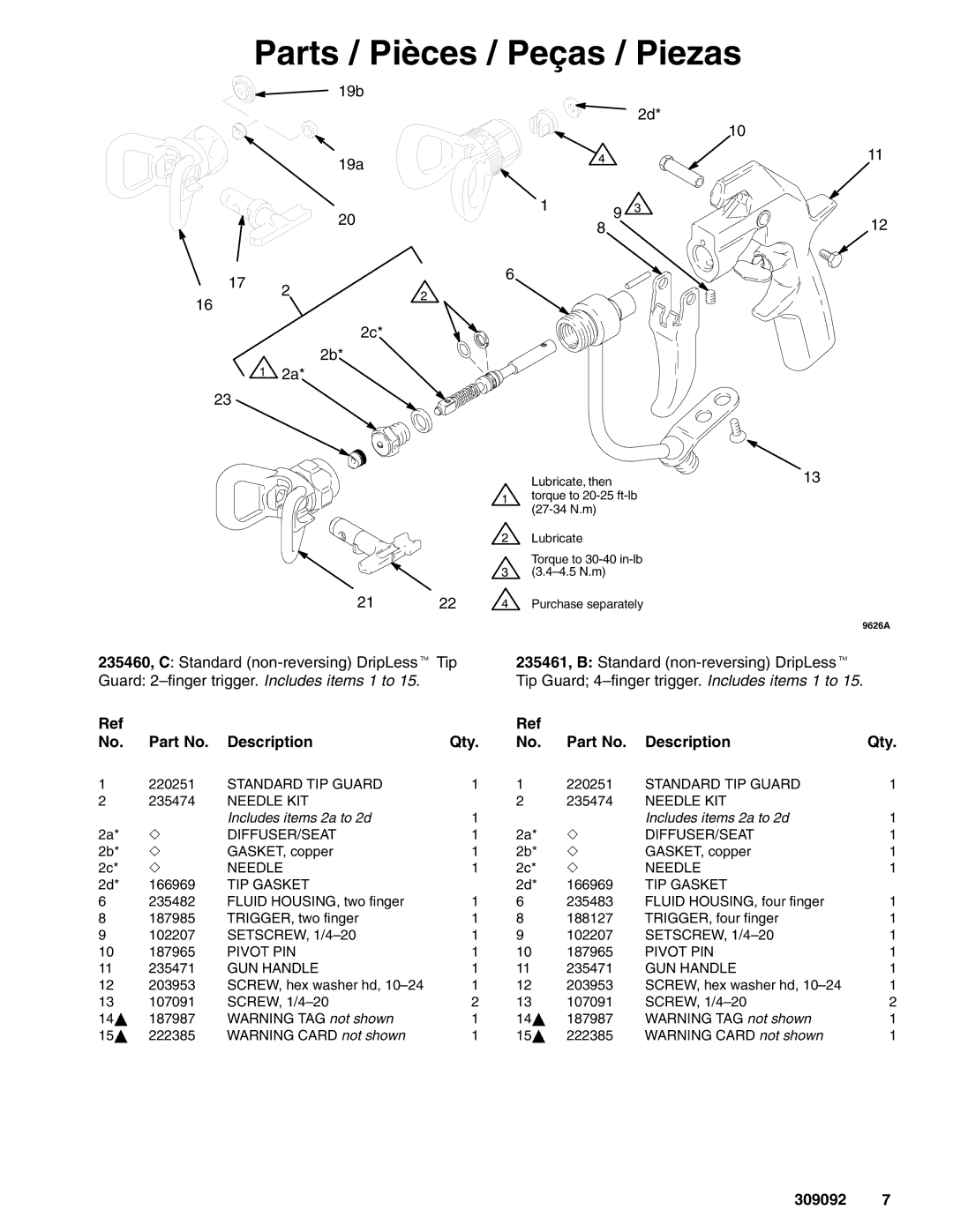 Graco Inc 309092F manual Parts / Pièces / Peças / Piezas, Description Qty 