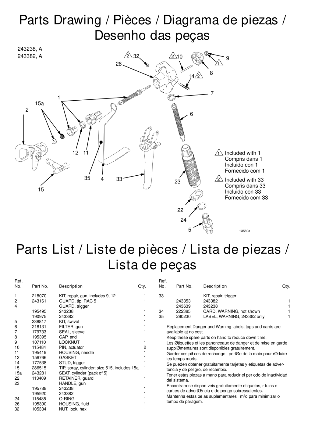 Graco Inc 309097 manual 243238, a 243382, a, Description Qty 