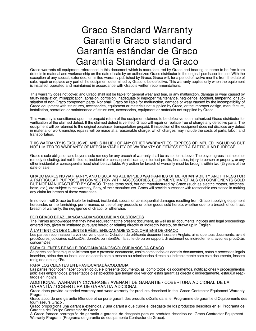 Graco Inc 309097 manual For Graco BRAZILIAN/CANADIAN/COLUMBIAN Customers 