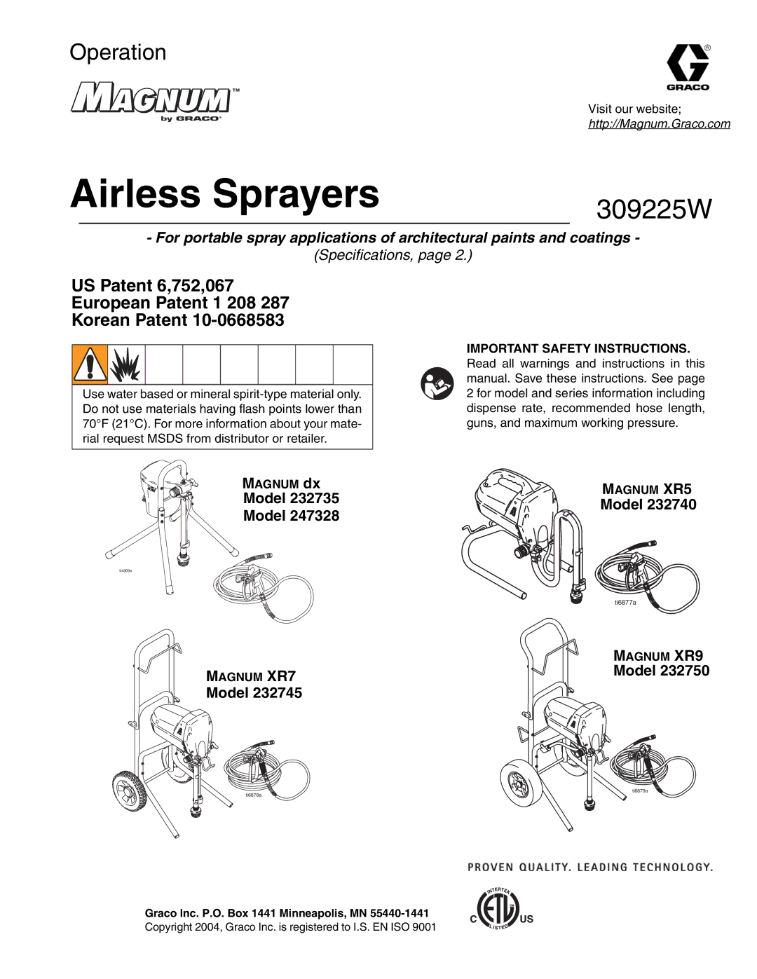 Graco Inc 309225W specifications Airless Sprayers 