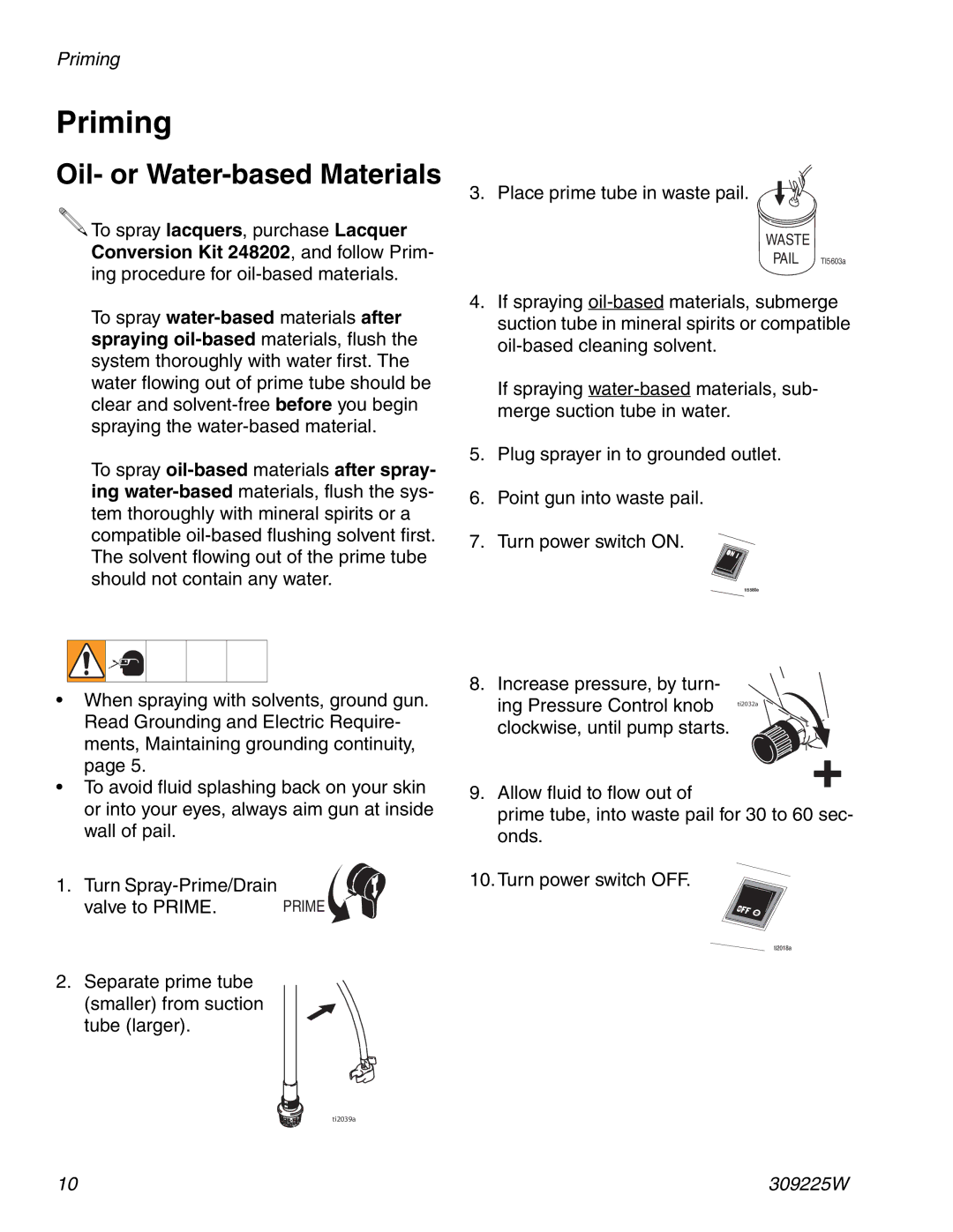 Graco Inc 309225W specifications Priming, Oil- or Water-based Materials 
