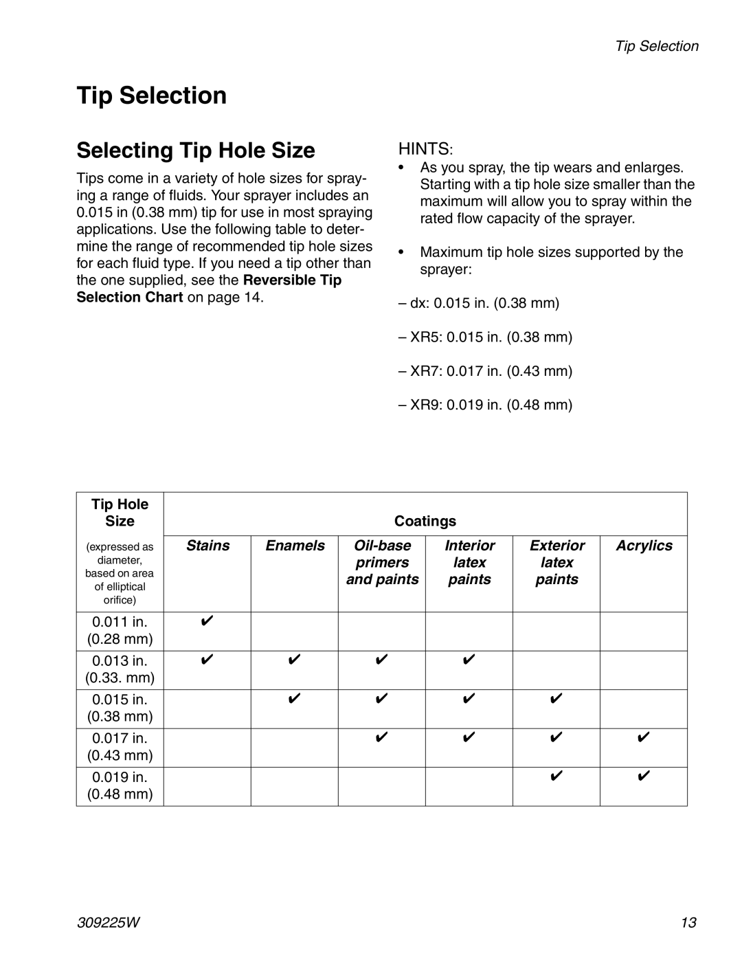 Graco Inc 309225W specifications Tip Selection, Selecting Tip Hole Size 