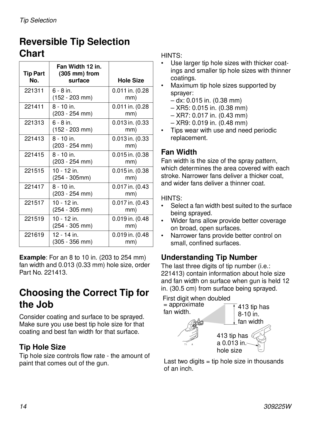 Graco Inc 309225W specifications Reversible Tip Selection Chart, Choosing the Correct Tip for the Job 