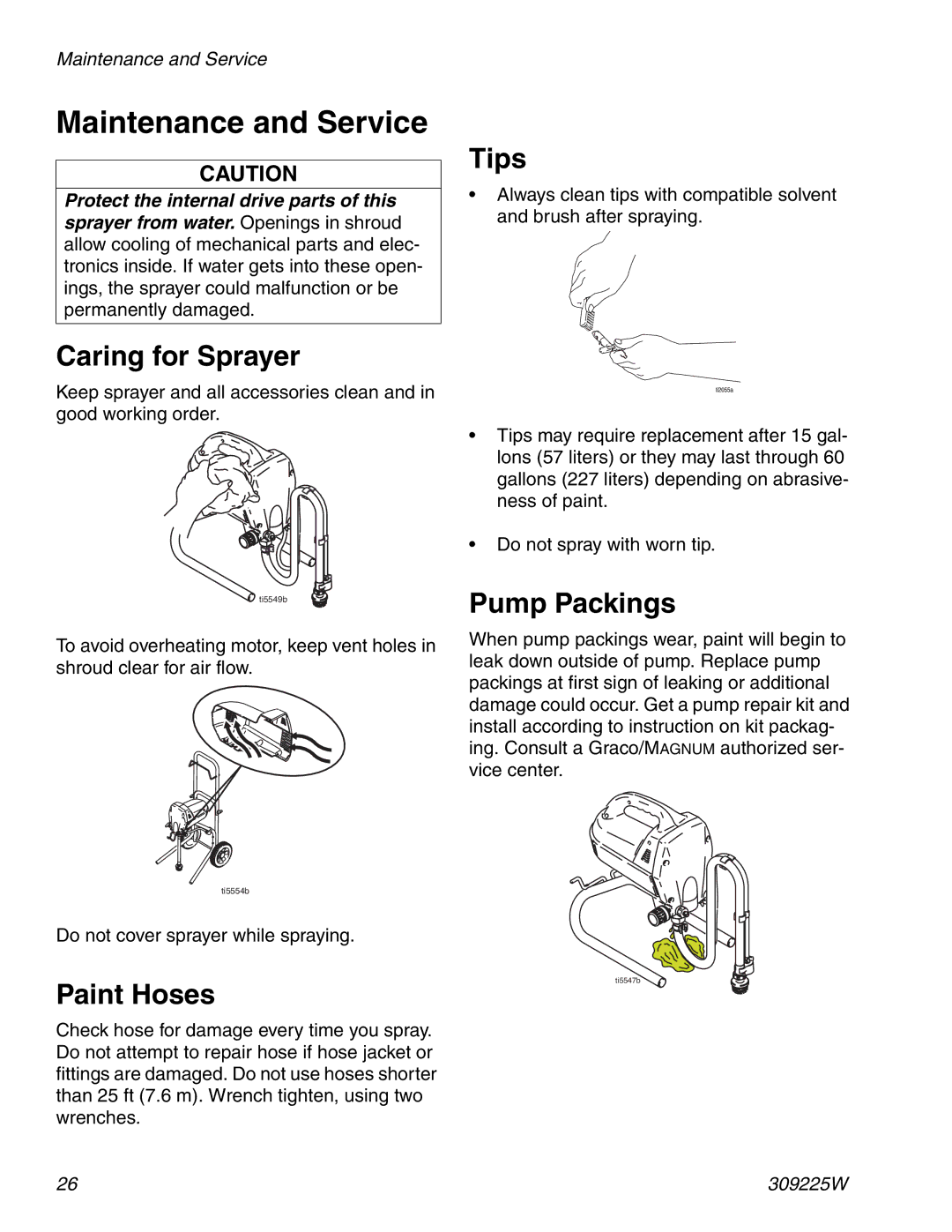 Graco Inc 309225W specifications Maintenance and Service, Tips, Caring for Sprayer, Pump Packings, Paint Hoses 