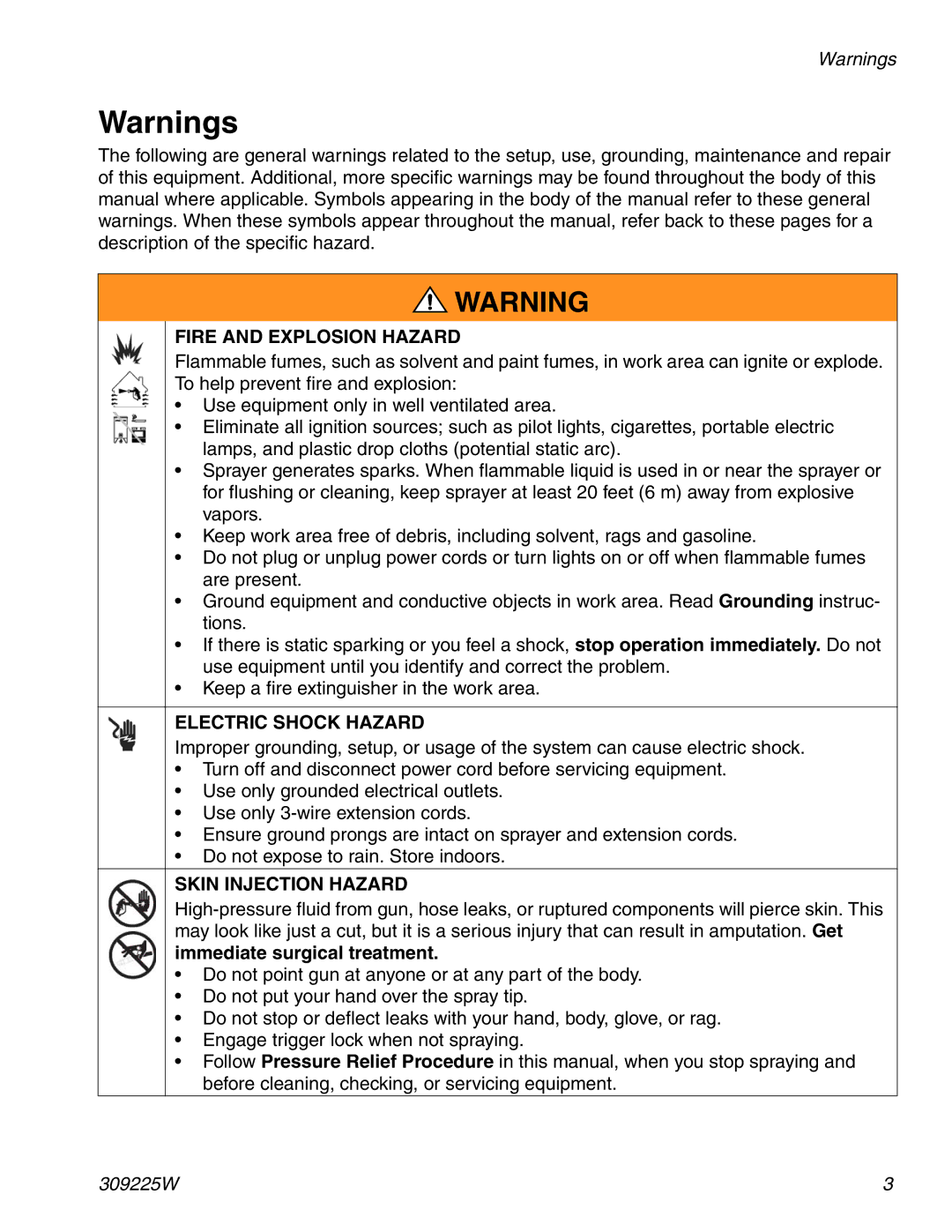 Graco Inc 309225W specifications Fire and Explosion Hazard 