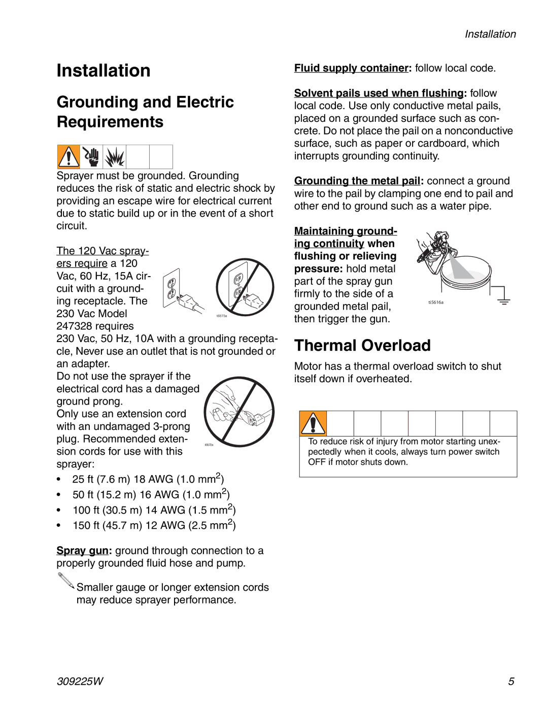 Graco Inc 309225W specifications Installation, Grounding and Electric Requirements, Thermal Overload 