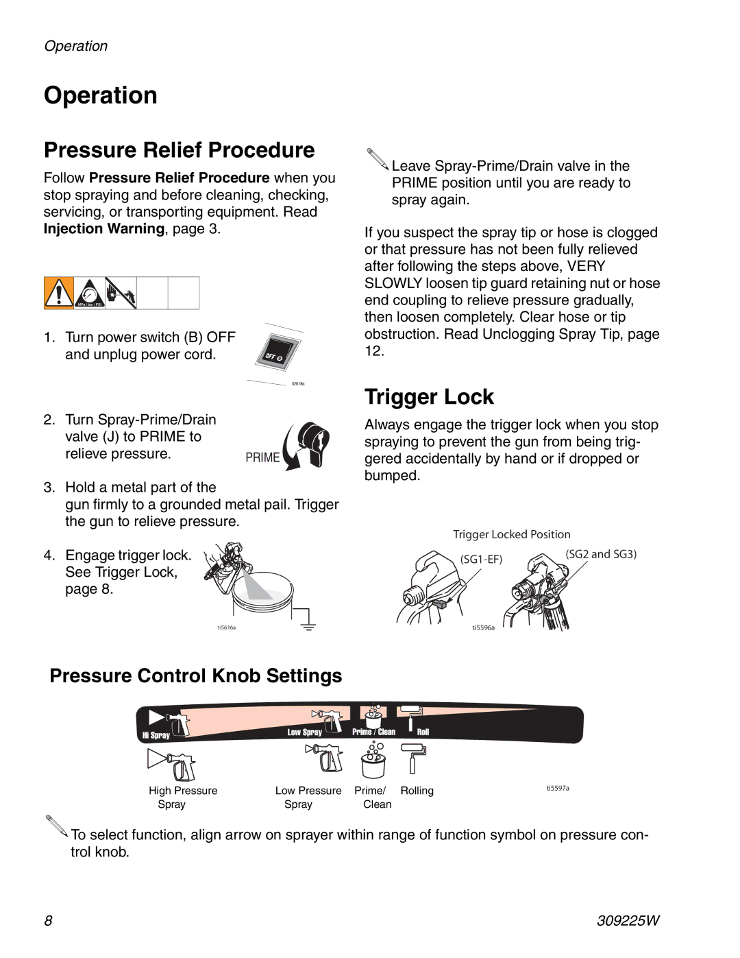 Graco Inc 309225W specifications Operation, Pressure Relief Procedure, Trigger Lock 