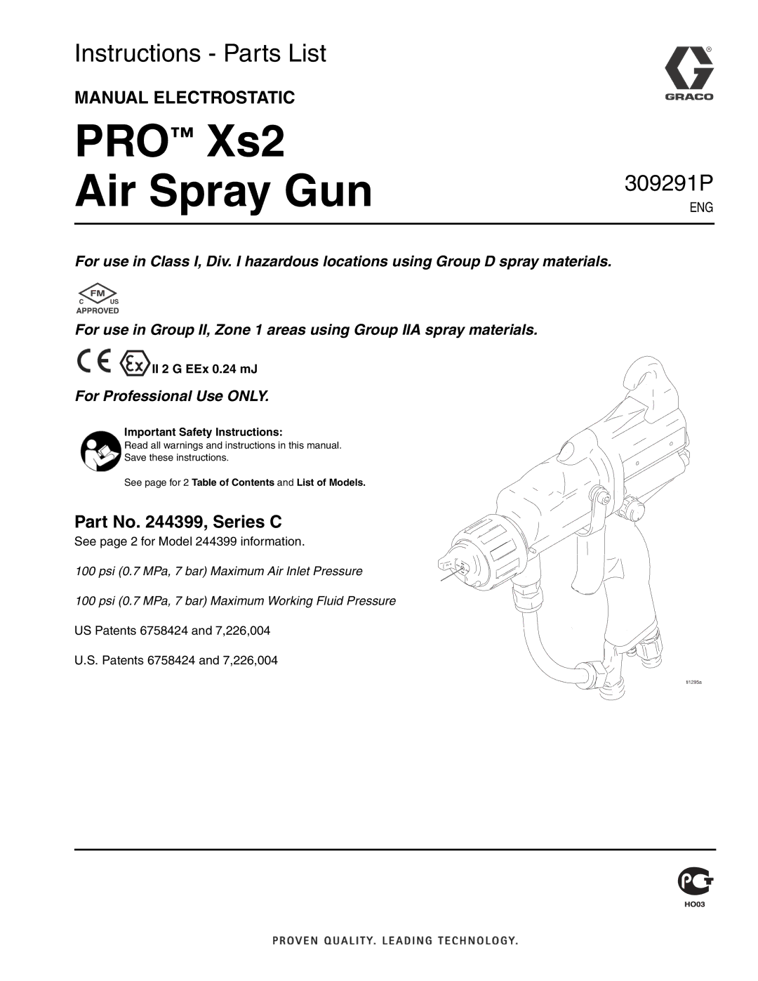 Graco Inc 244399, 309291P important safety instructions PRO Xs2 Air Spray Gun, II 2 G EEx 0.24 mJ 