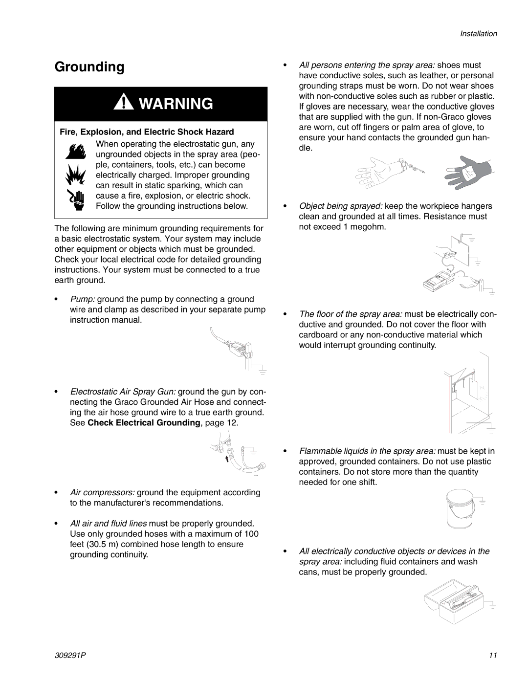 Graco Inc 244399, 309291P important safety instructions Grounding, Fire, Explosion, and Electric Shock Hazard 